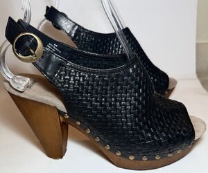 BRONX Woven Leather Platform Slingback Clog Sandals Black Wood Heel EU 40 US 9